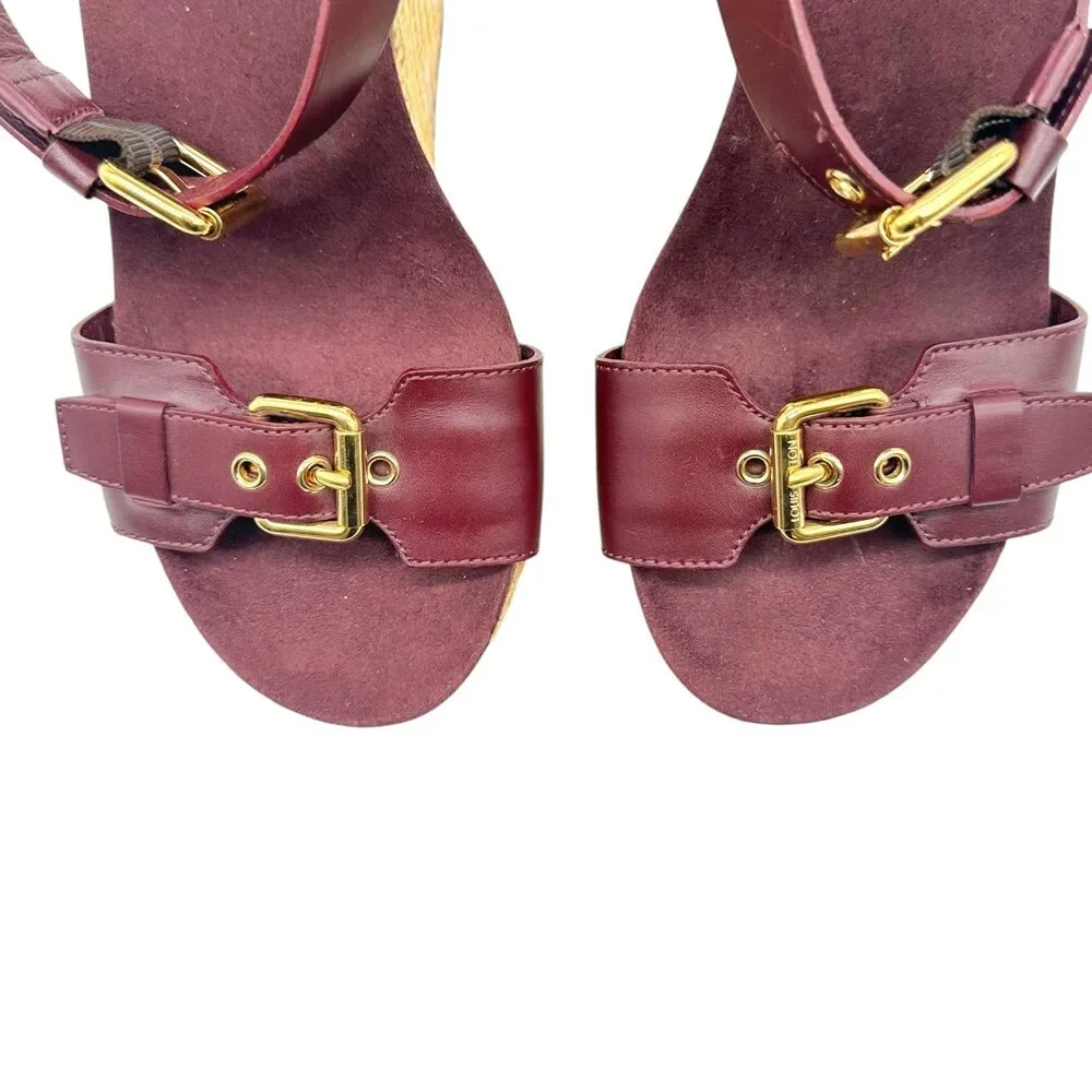 Louis Vuitton Raffia Logo & Burgundy Leather Platform Wedge Sandals - Picture 4 of 10